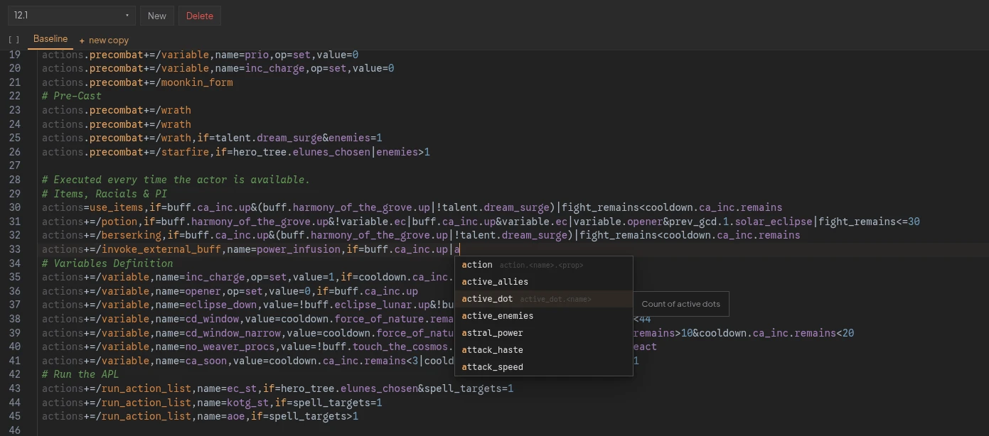 The APL editor with a full Frost Mage action list, syntax-highlighted