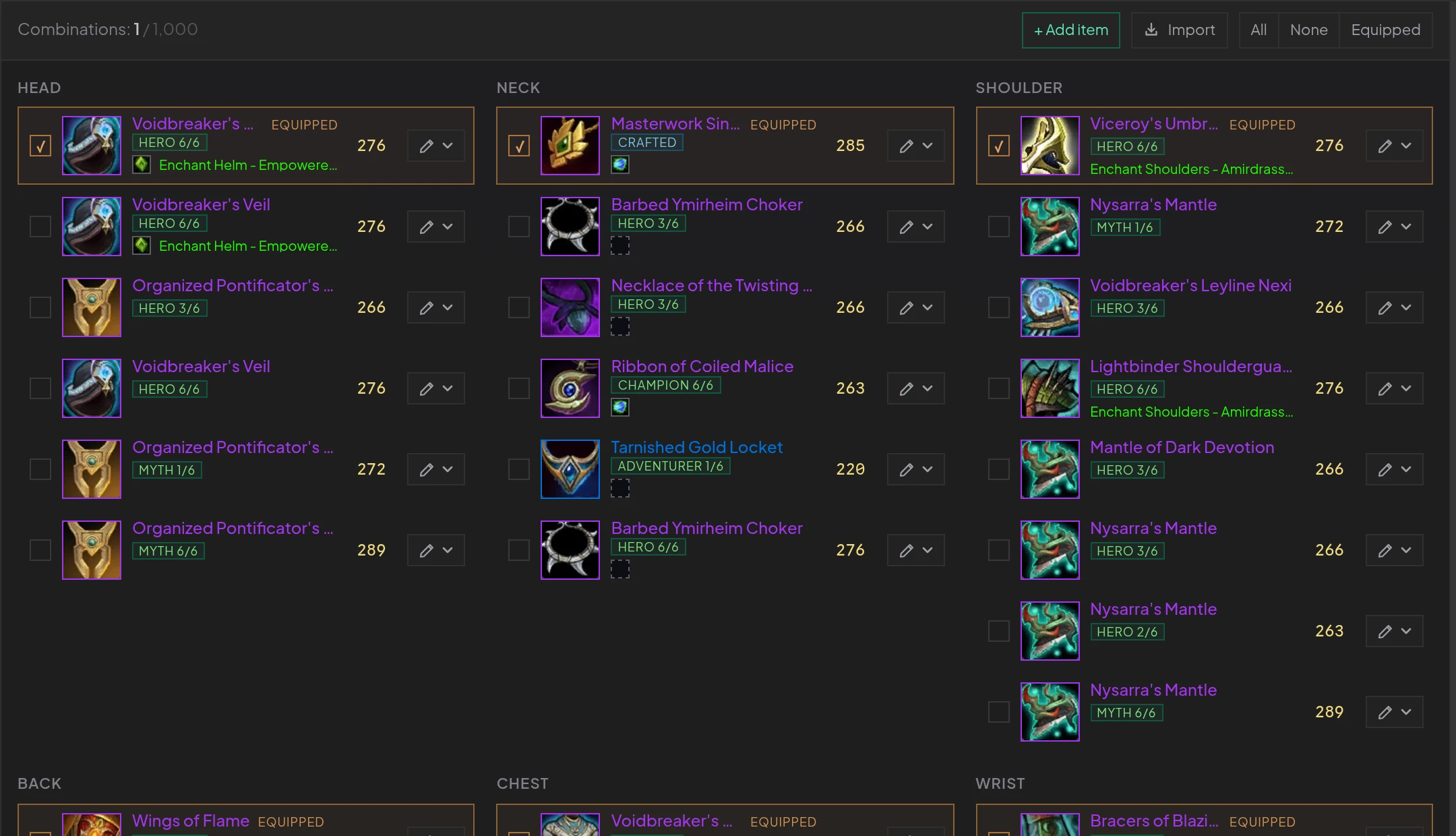 Gear compare: columns of head, neck, and shoulder candidates with enchants, gems, and upgrade tracks