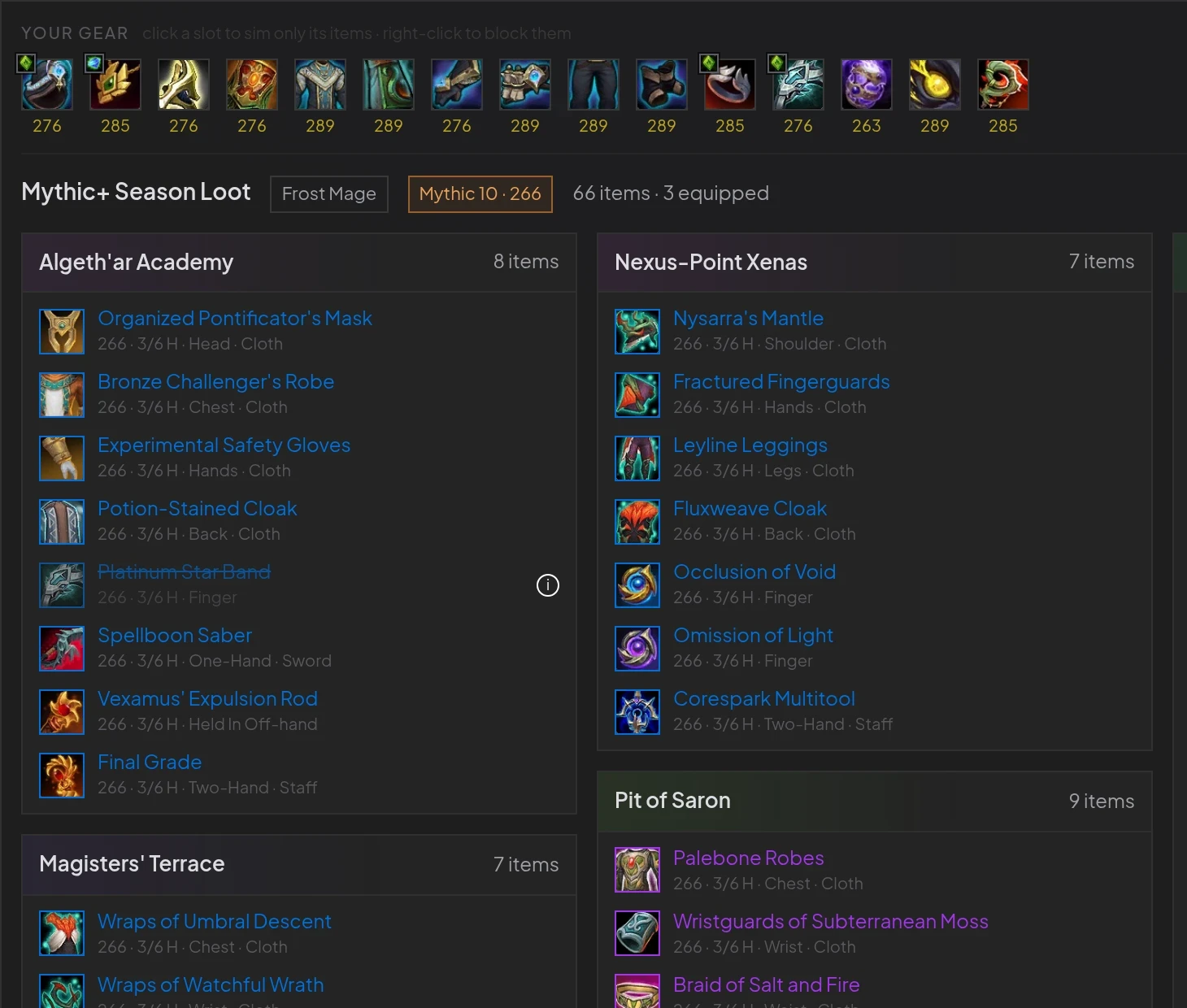 The loot optimizer listing Mythic+ season loot per dungeon for a Frost Mage